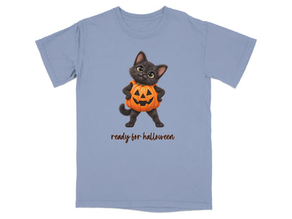 Black cat in a pumpkin costume with "ready for halloween" text.