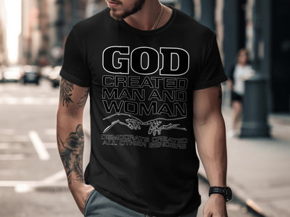 Black t-shirt with "God created man and woman" text and intersecting hands.