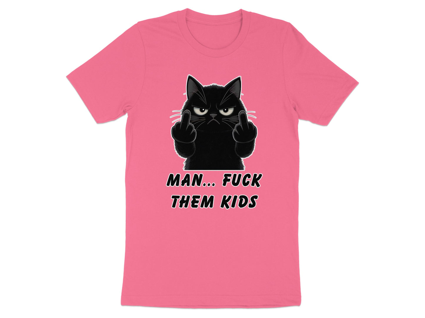 Pink t-shirt with a black cat giving the middle finger and text.
