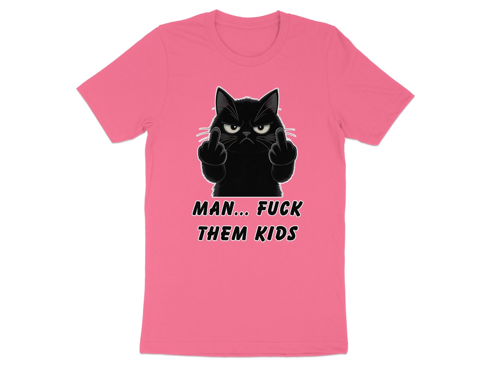 Pink t-shirt with a black cat giving the middle finger and text.