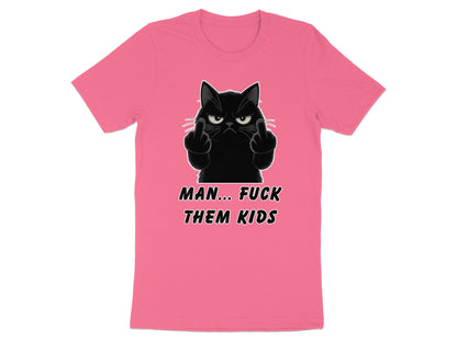 Pink t-shirt with a black cat giving the middle finger and text.