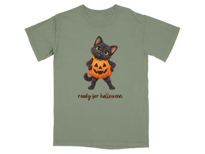 Black cat in pumpkin costume with "ready for halloween" text on shirt.