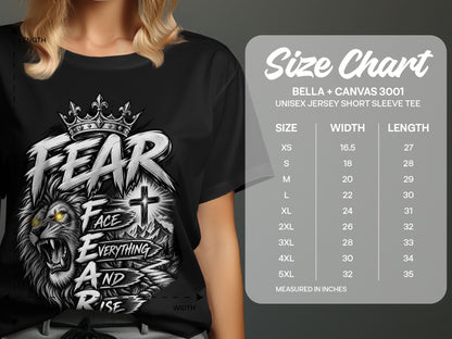 Black t-shirt with "Fear Face Everything And Rise" text, a lion, and a cross. Includes size chart.