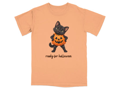 Orange t-shirt with black cat in pumpkin costume and "ready for halloween" text.