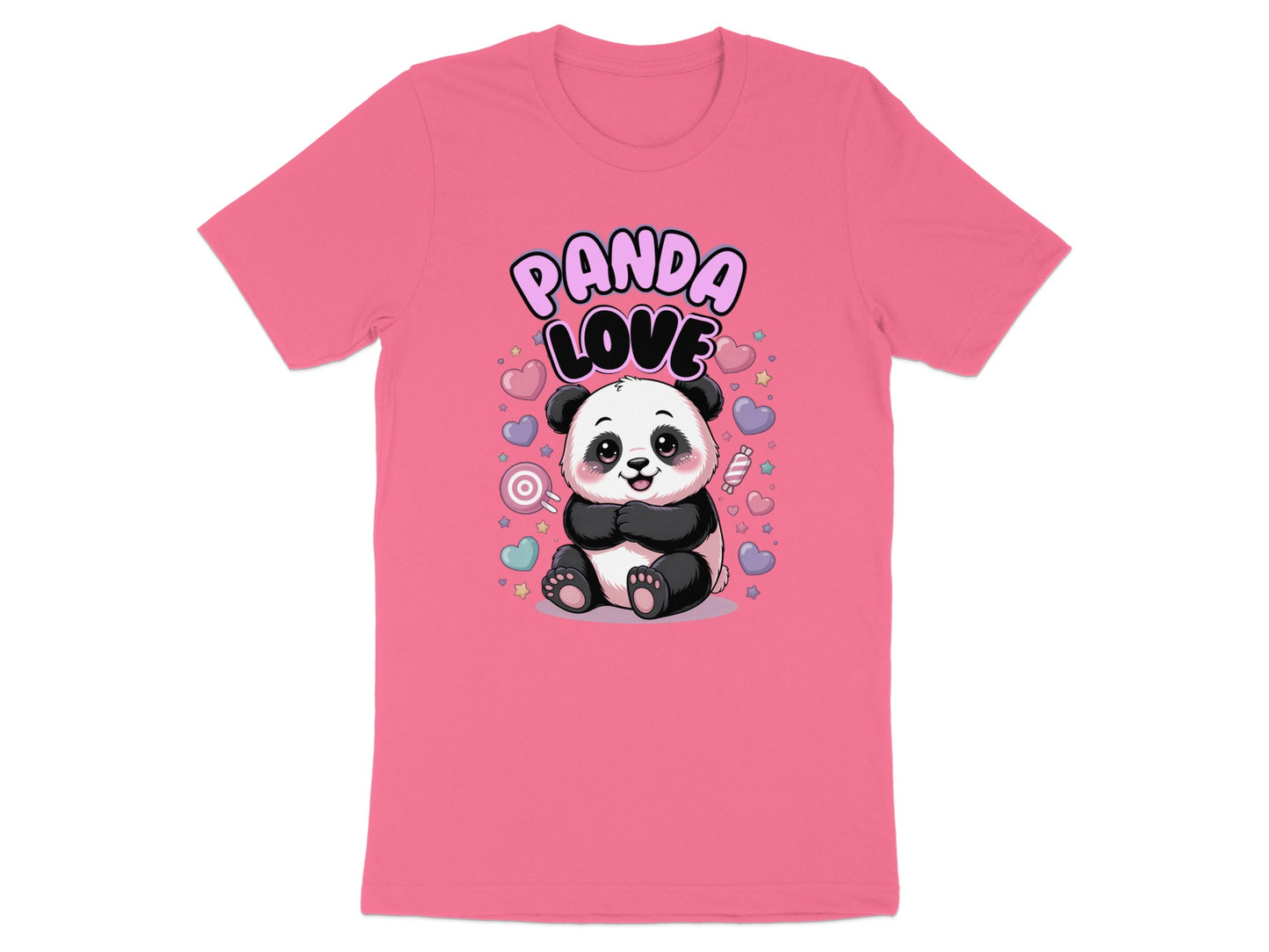 Pink t-shirt with cartoon panda and the text "Panda Love."
