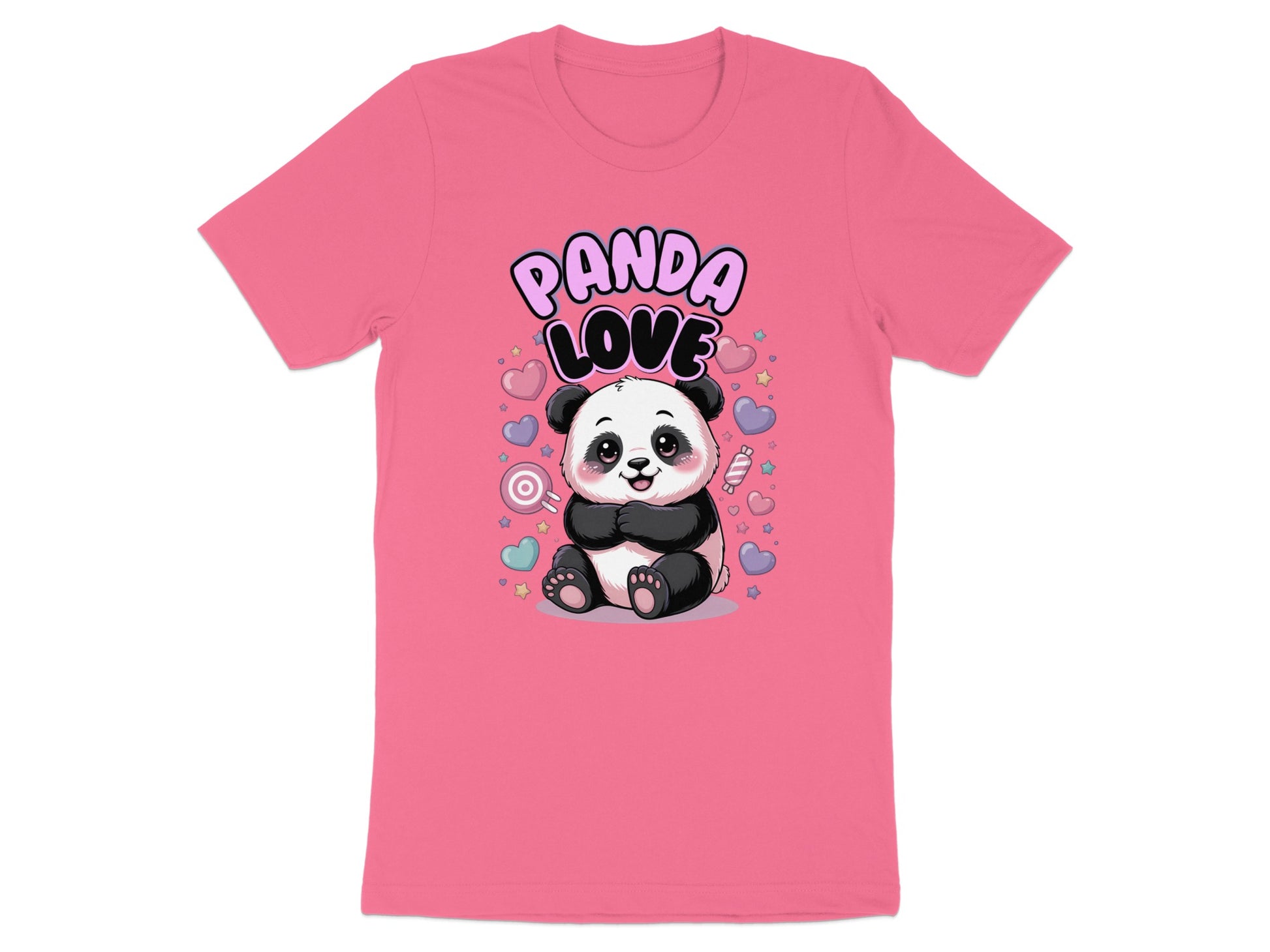 Pink t-shirt with cartoon panda and the text "Panda Love."