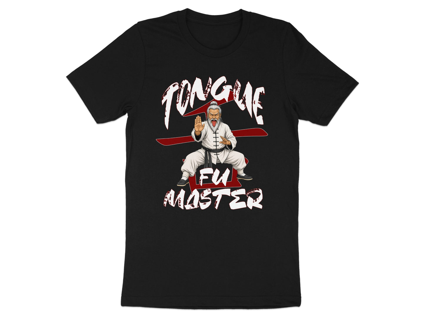 Black t-shirt with a cartoon of an old man sticking out his tongue, text reads "Tongue Fu Master".