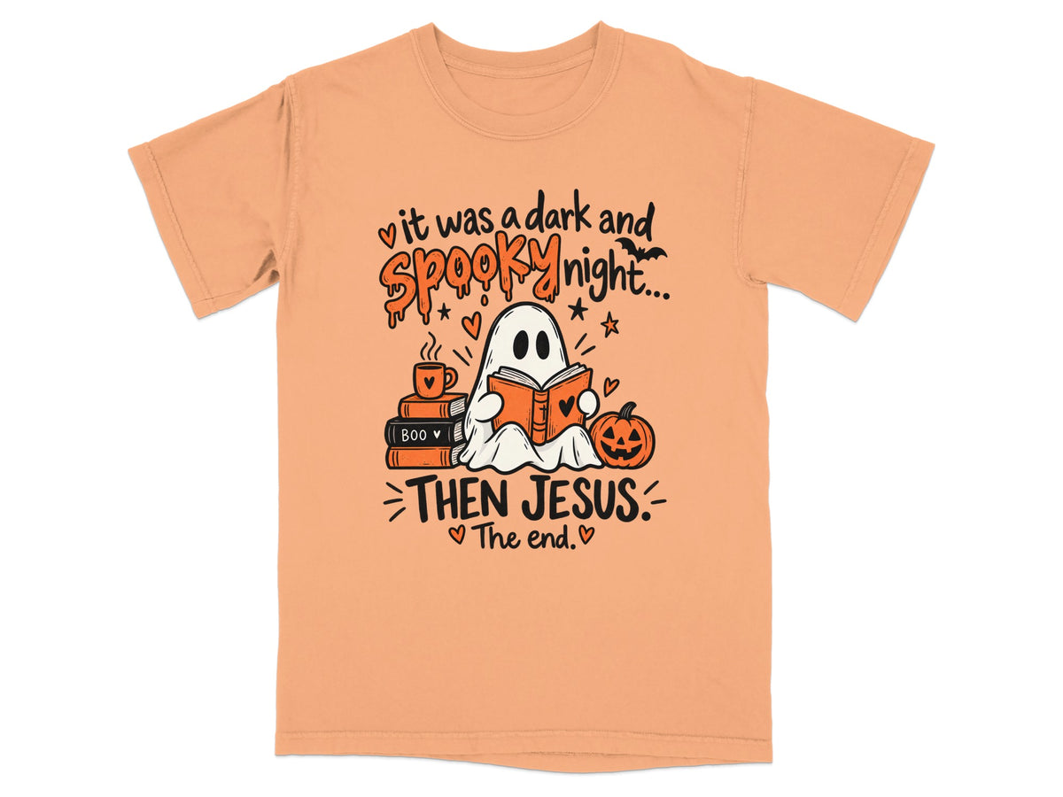 Ghost reading books on a dark and spooky night then Jesus the end.