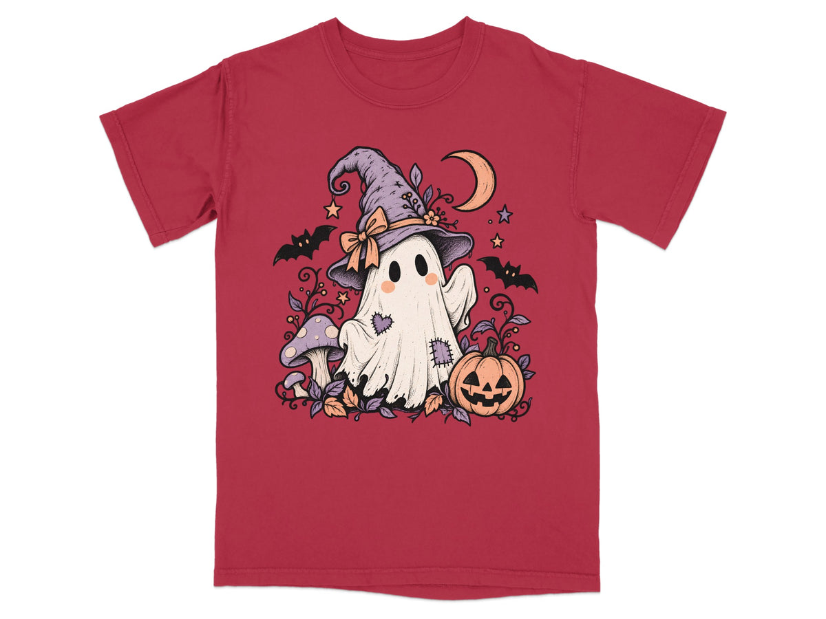 Ghost in witch hat with pumpkin, mushrooms, bats, and crescent moon.