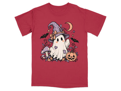 Ghost in witch hat with pumpkin, mushrooms, bats, and crescent moon.