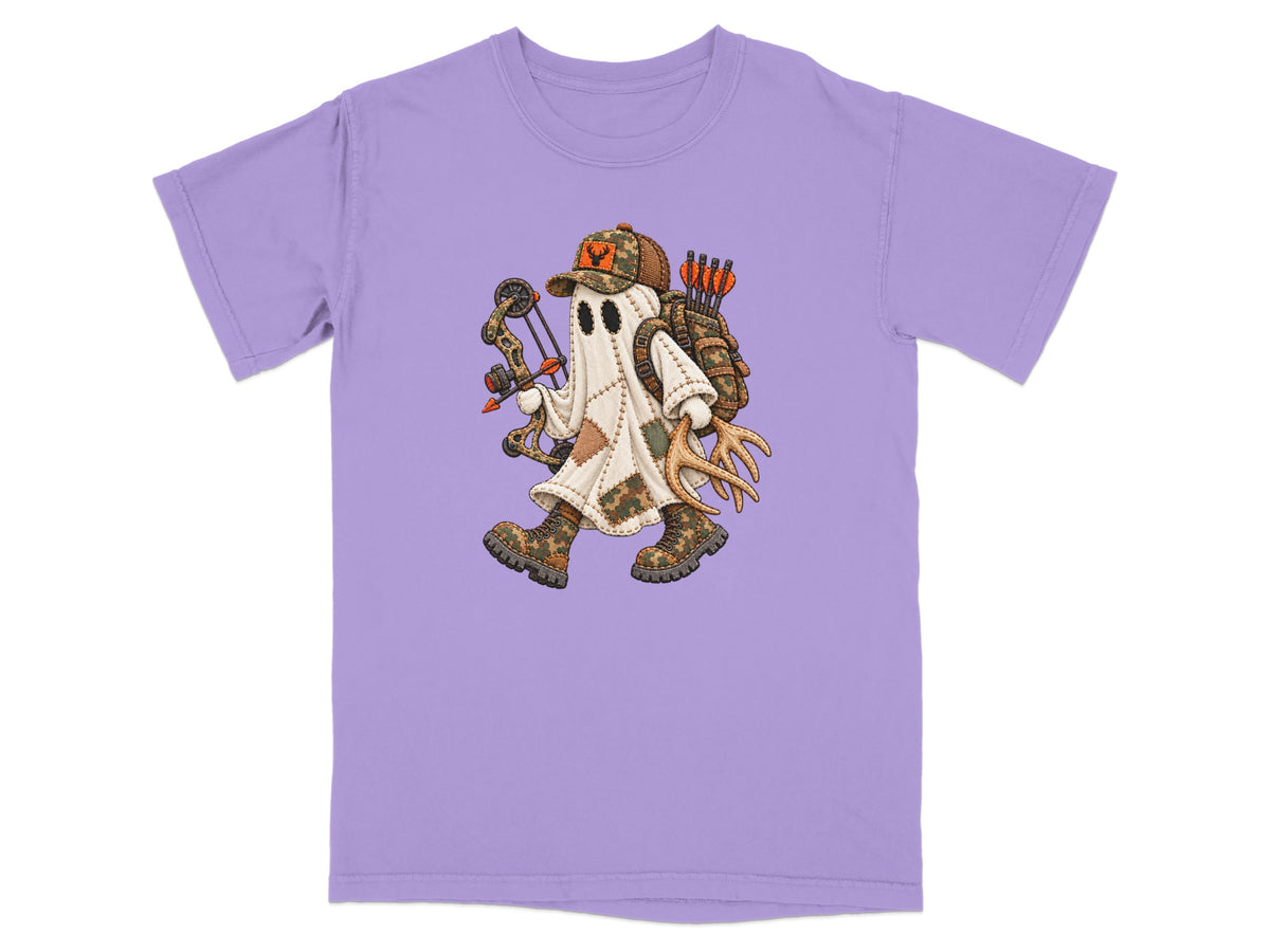 Ghost in camouflage hunting gear with bow and arrows, walking with antlers.