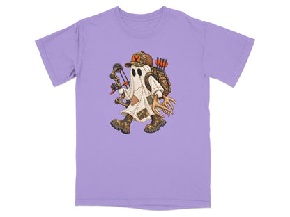 Ghost in camouflage hunting gear with bow and arrows, walking with antlers.