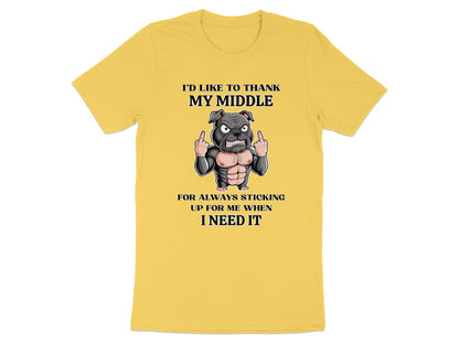 Yellow t-shirt with angry dog graphic and text: "I'd like to thank my middle for always sticking up for me when I need it."