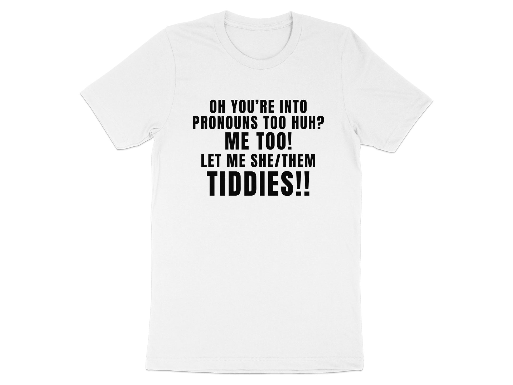 White t-shirt with text "Oh you're into pronouns too huh? Me too! Let me she/them tiddies!!"