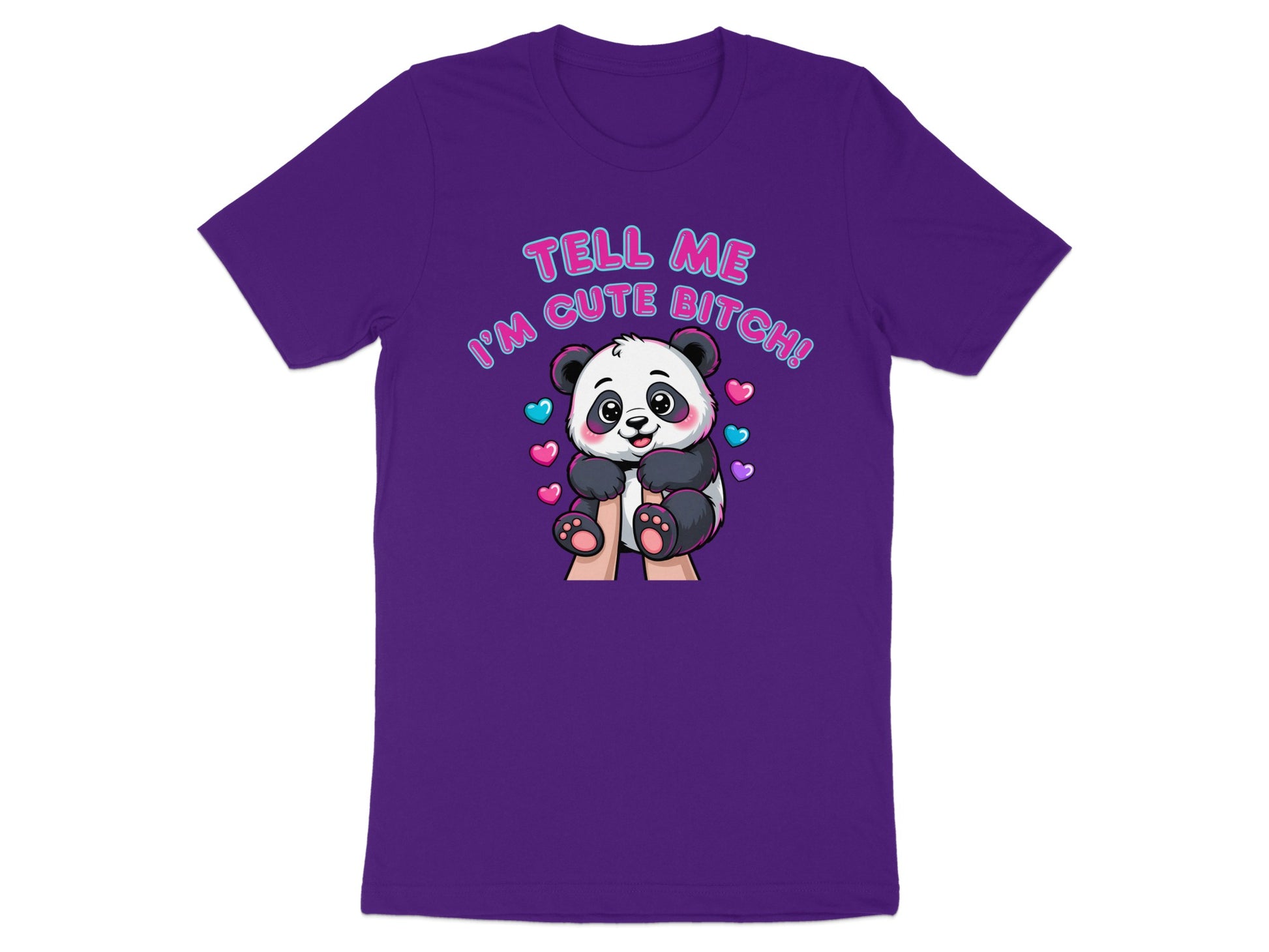 Purple t-shirt with a cartoon panda and text "TELL ME I'M CUTE BITCH!"