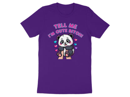 Purple t-shirt with a cartoon panda and text "TELL ME I'M CUTE BITCH!"