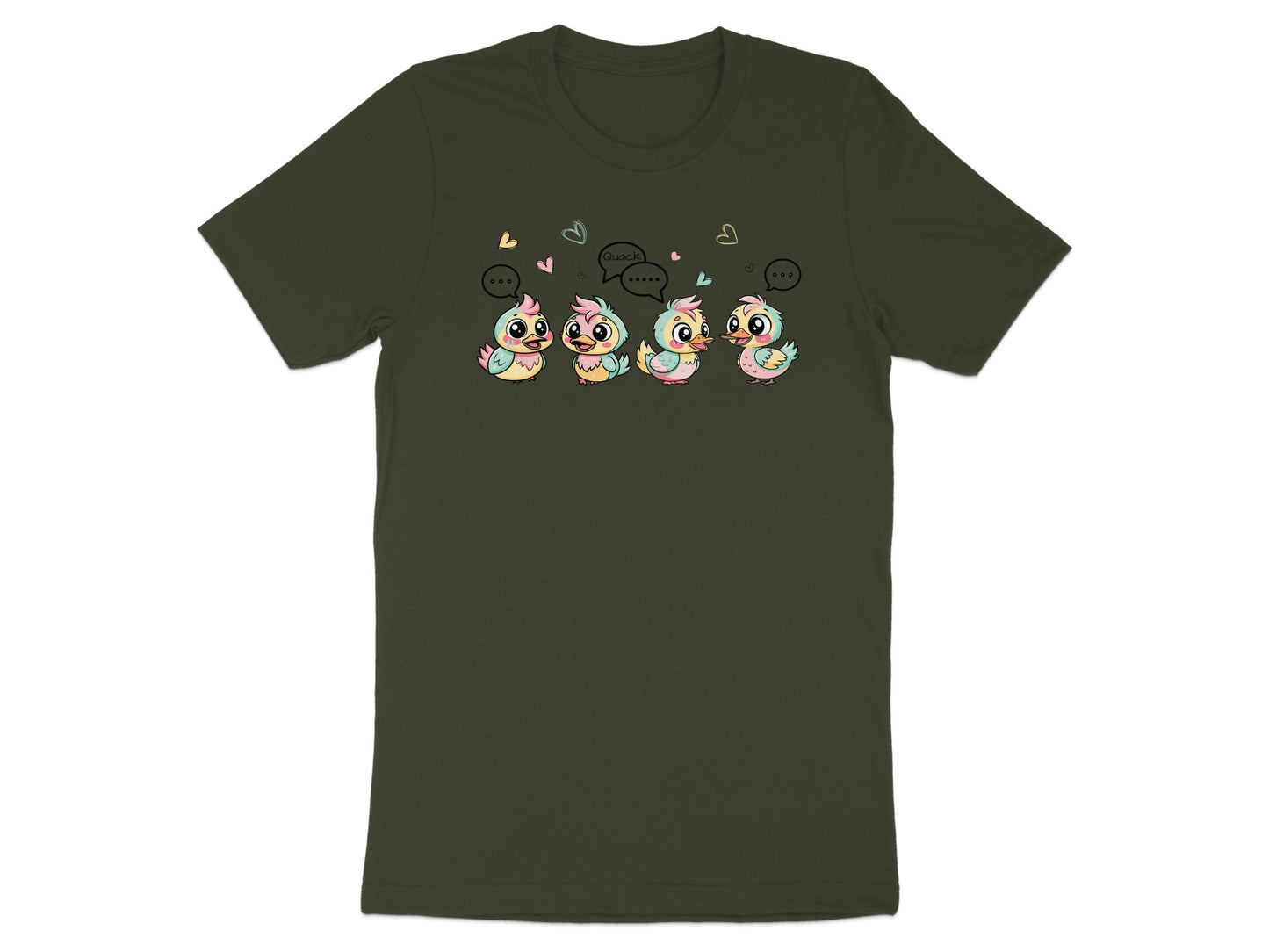 Four cartoon ducklings with speech bubbles, one saying "Quack", on a dark green t-shirt.