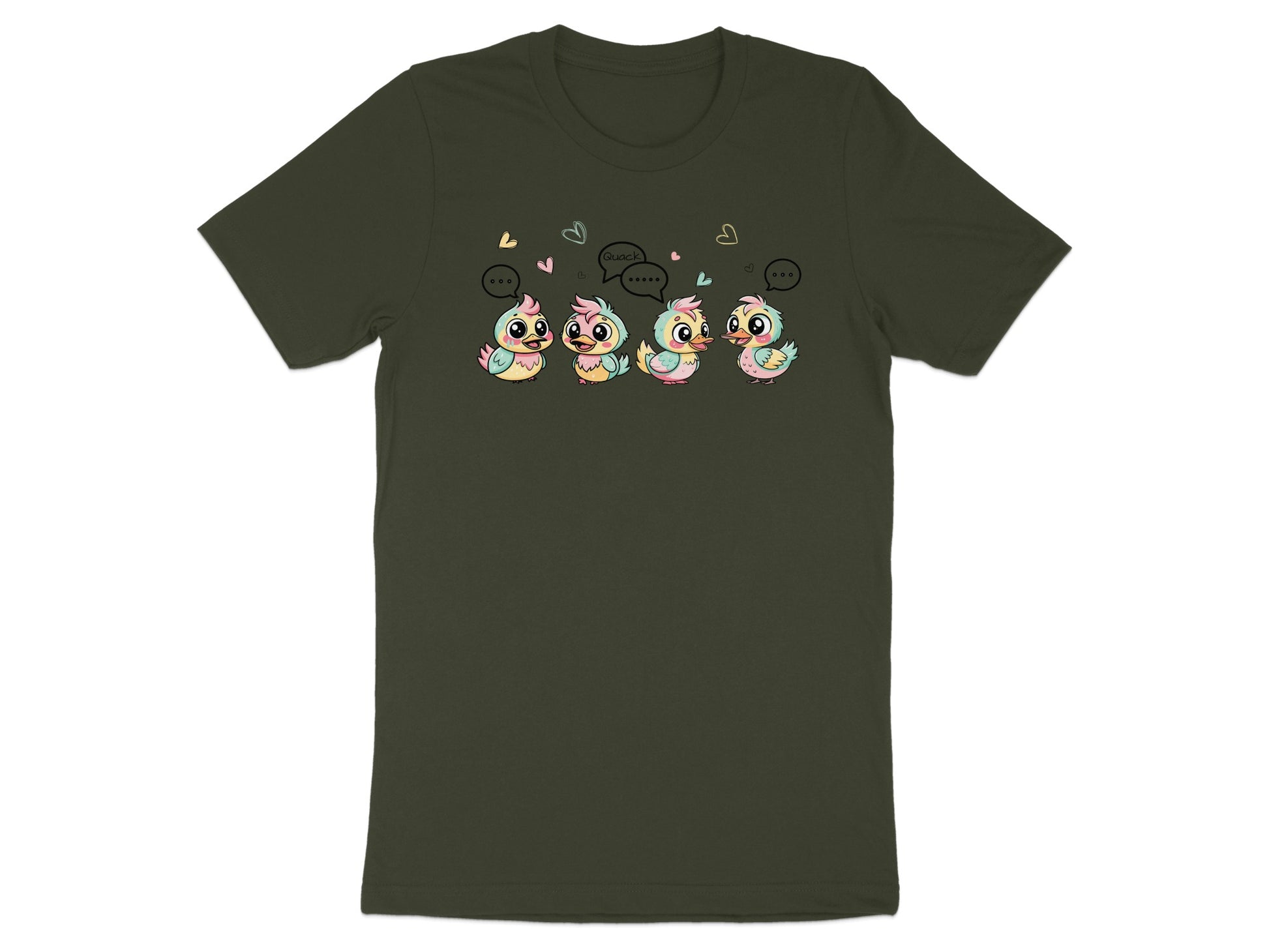 Four cartoon ducklings with speech bubbles, one saying "Quack", on a dark green t-shirt.