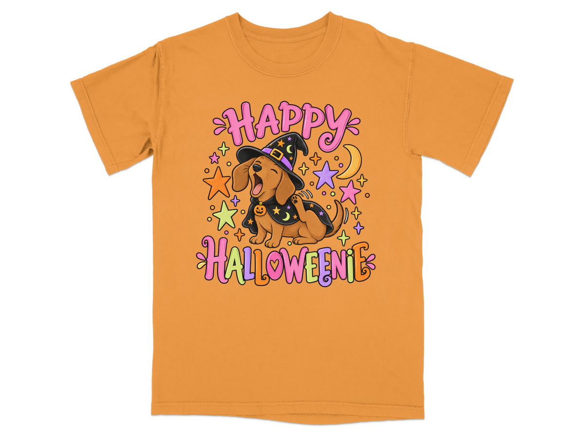 Orange t-shirt with a dachshund in a witch hat saying "Happy Halloweenie".