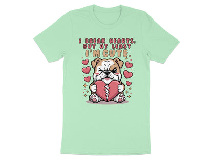 Bulldog holding broken heart with text "I break hearts, but at least I'm cute."