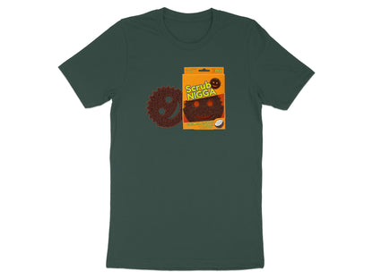 A dark green t-shirt with a package of Scrub Nigga CoCoMesh Scrubbers and one scrubber.