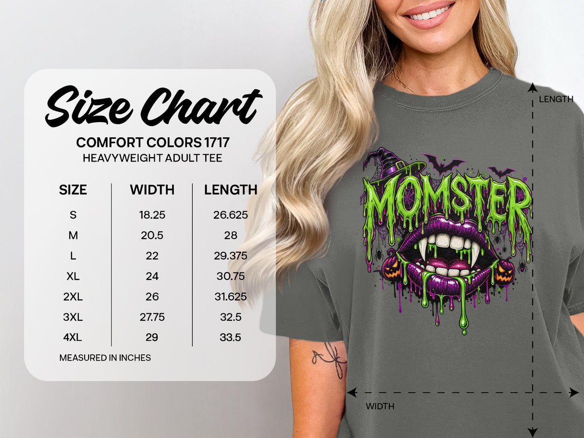 Comfort Colors 1717 heavyweight adult tee size chart with measurements in inches.