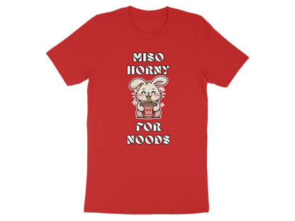 Red t-shirt with a smiling bunny holding ramen noodles and text reading "Miso Horny For Noods".