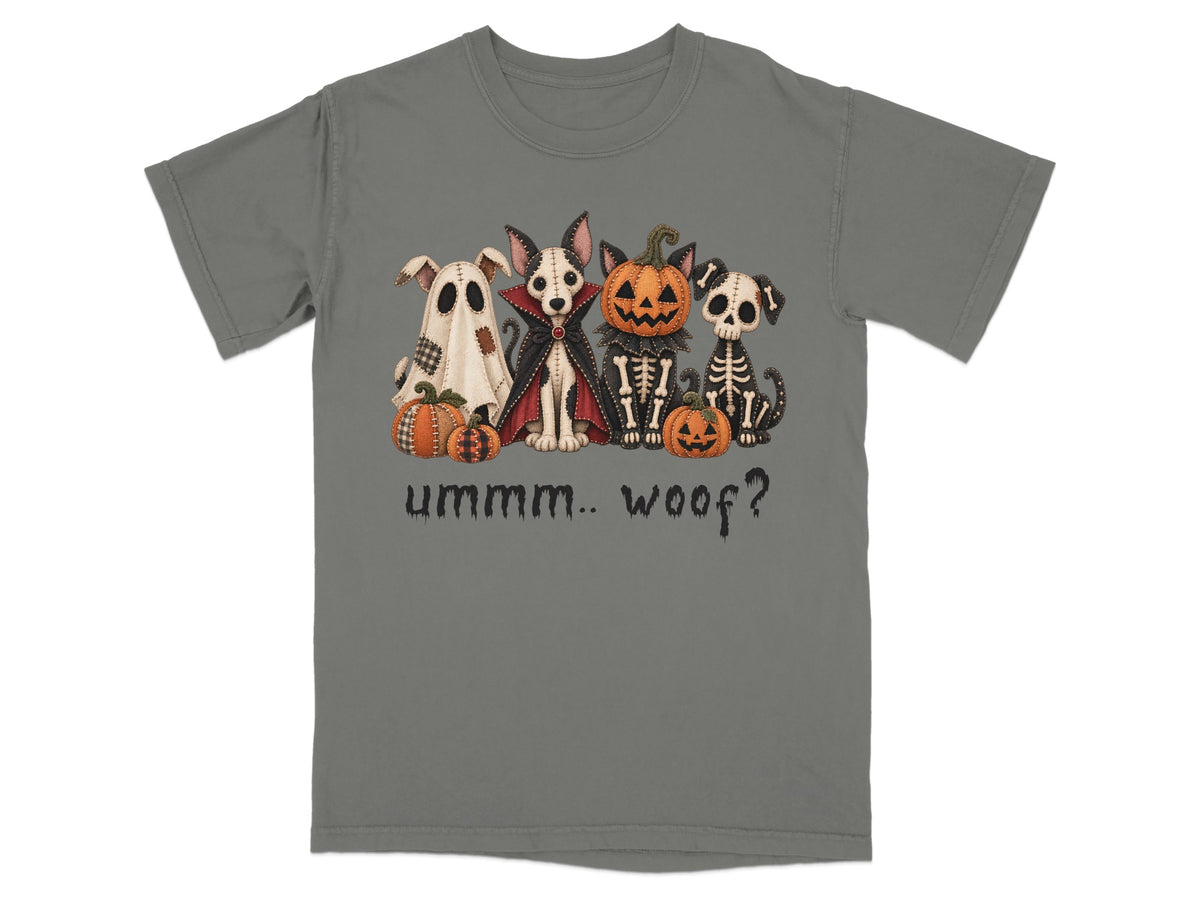 Four dogs in Halloween costumes with pumpkins, text "ummm.. woof?"