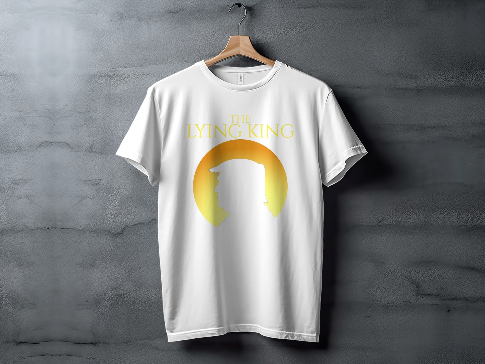 White t-shirt with "The Lying King" text and silhouette against a yellow sun.