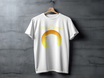 White t-shirt with "The Lying King" text and silhouette against a yellow sun.