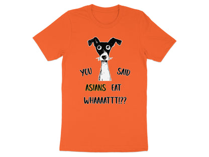 Orange t-shirt with black and white cartoon dog and text.