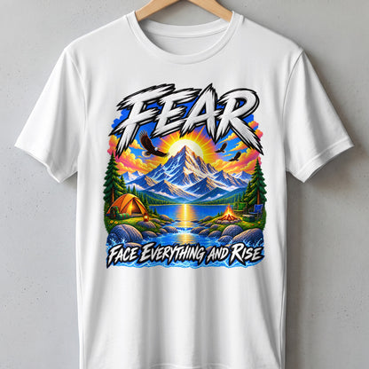 Graphic tee with "FEAR FACE EVERYTHING AND RISE" text and mountain camping scene.