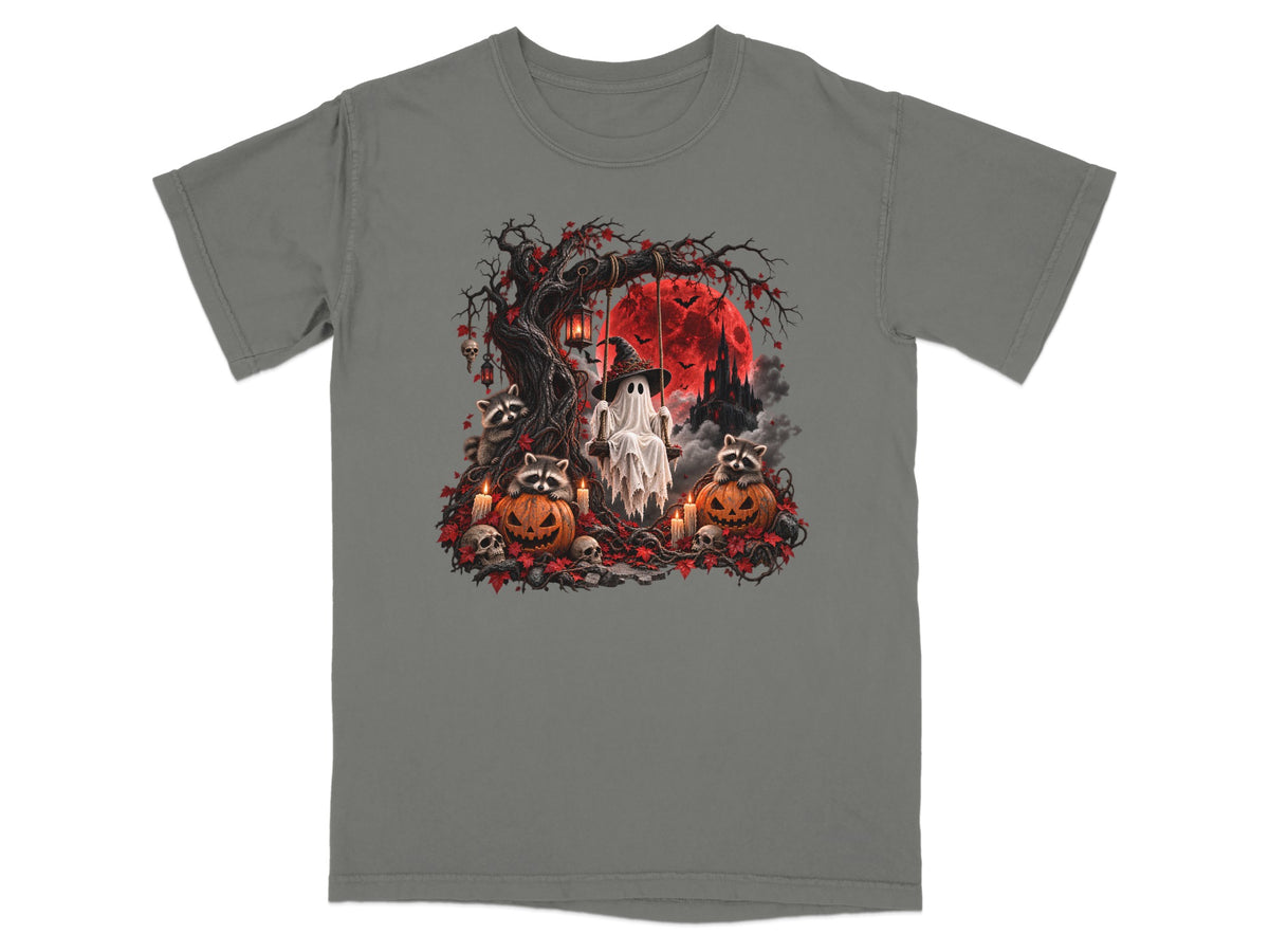 Ghost on swing with raccoons, pumpkins, skulls, and castle under red moon.