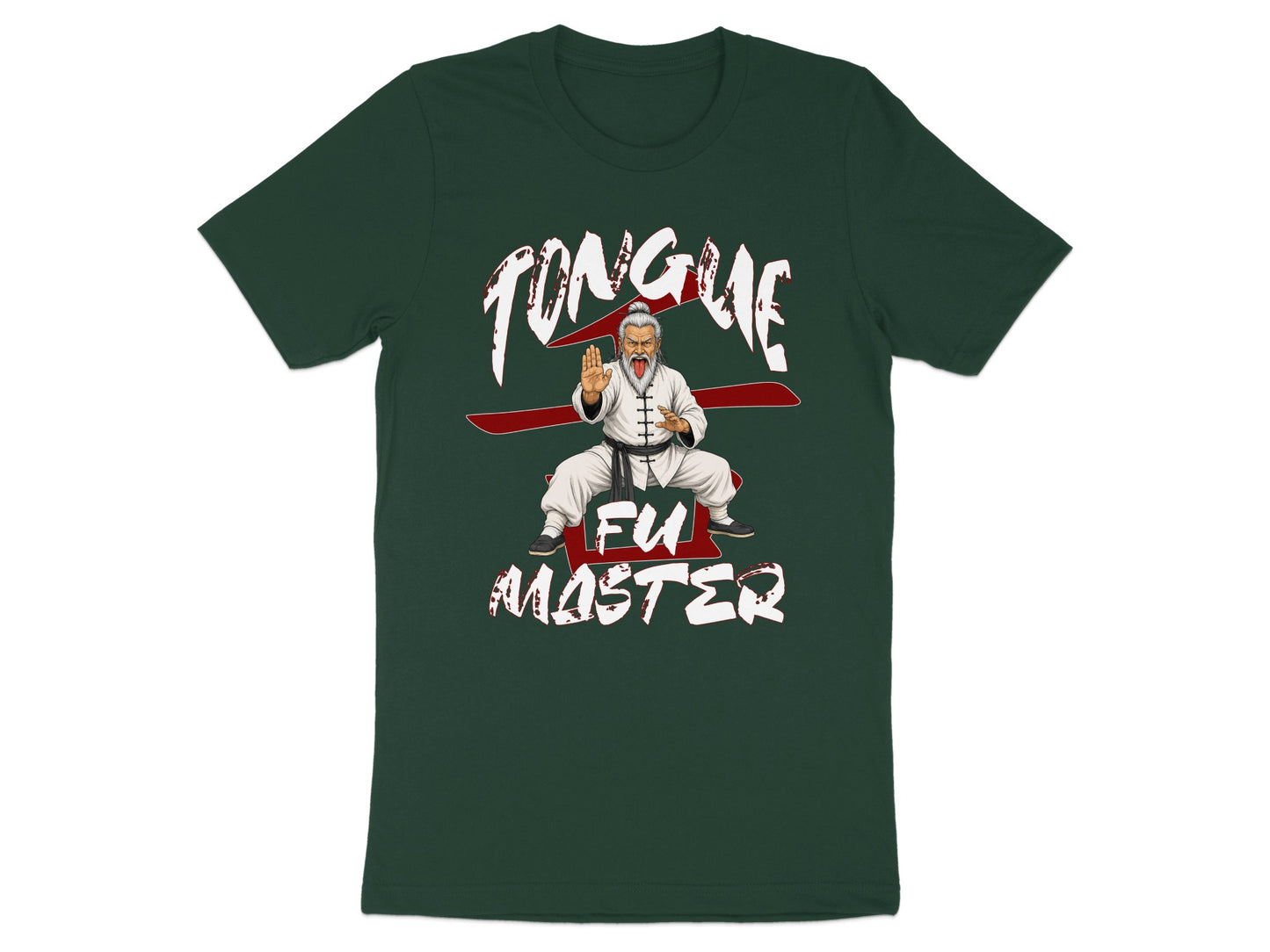 T-shirt with illustration of a kung fu master with his tongue out and text "Tongue Fu Master".