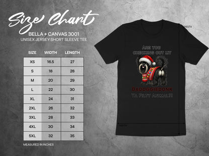 Size chart for Bella + Canvas 3001 unisex tee with dog graphic.