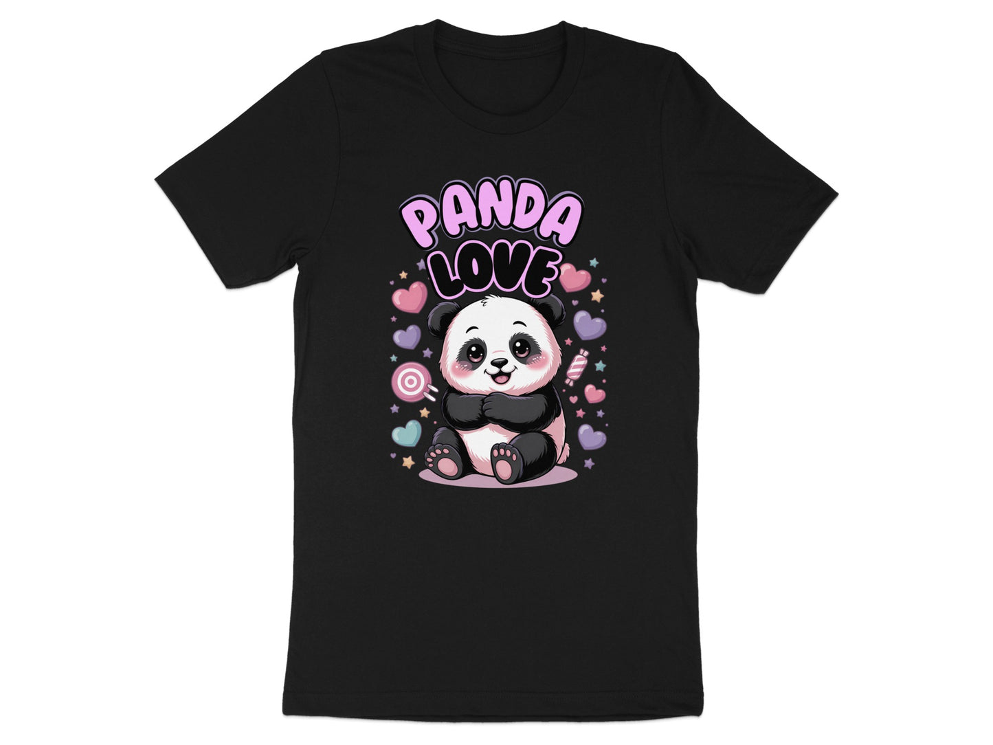 Black t-shirt with cute panda and "Panda Love" text surrounded by hearts and candy.