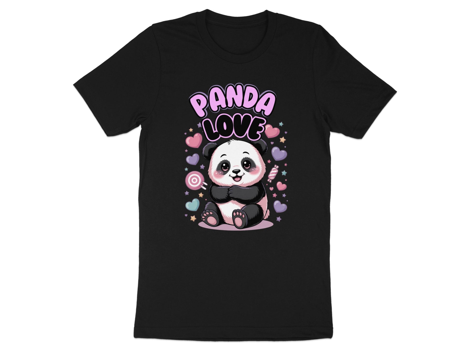 Black t-shirt with cute panda and "Panda Love" text surrounded by hearts and candy.