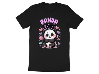 Black t-shirt with cute panda and "Panda Love" text surrounded by hearts and candy.