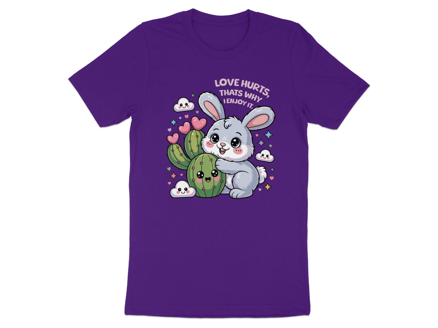 Cute bunny hugging a cactus with text "Love hurts, that's why I enjoy it."