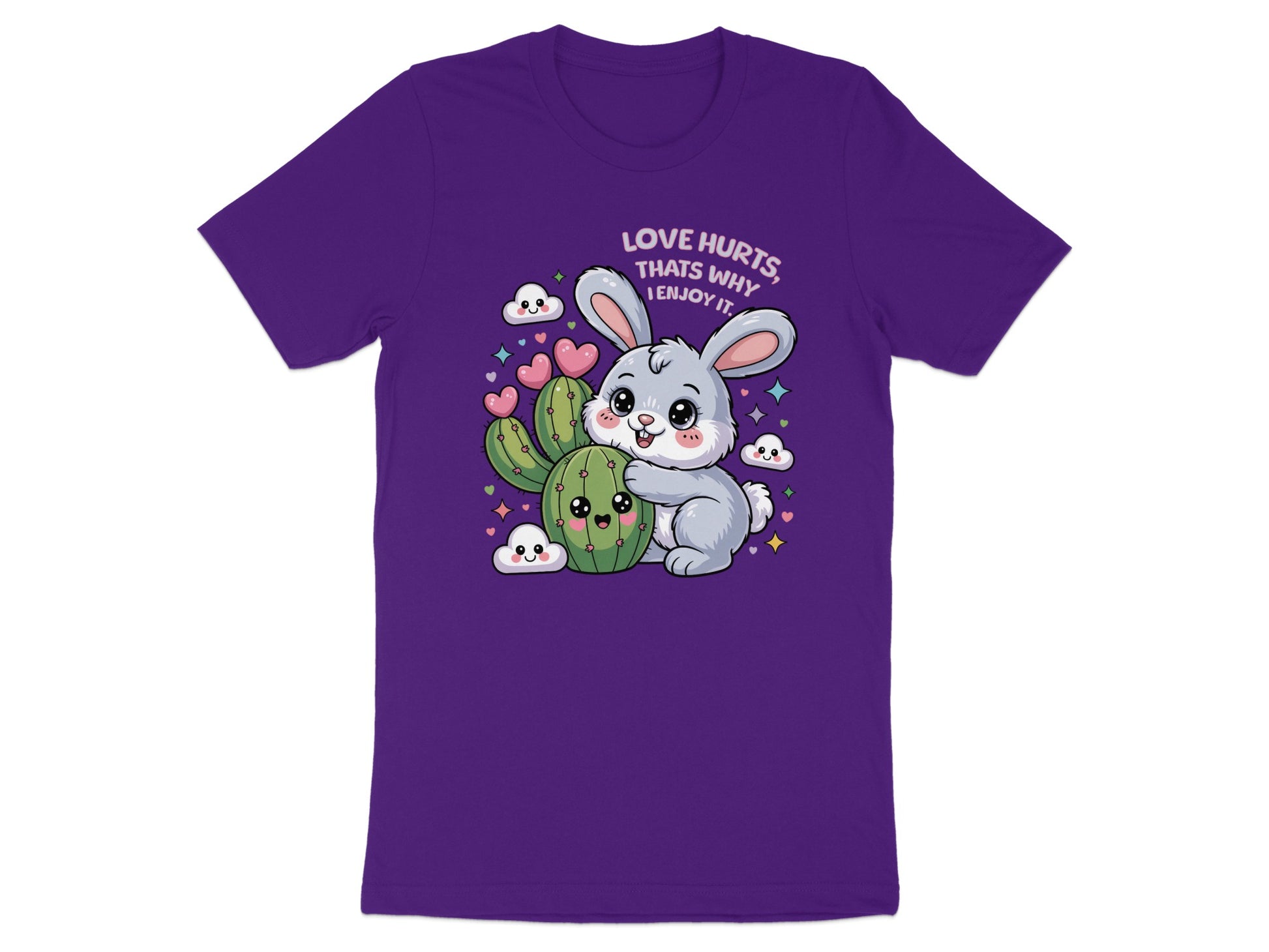 Cute bunny hugging a cactus with text "Love hurts, that's why I enjoy it."
