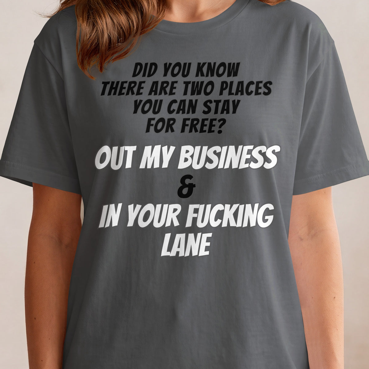 Dark gray t-shirt with text "Did You Know There Are Two Places You Can Stay For Free? Out My Business & In Your Fucking Lane"