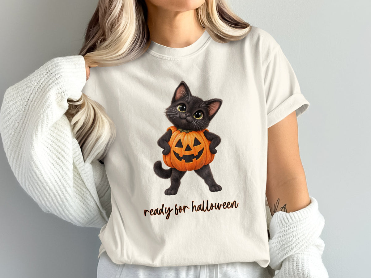Black cat in a pumpkin costume with "ready for halloween" text.