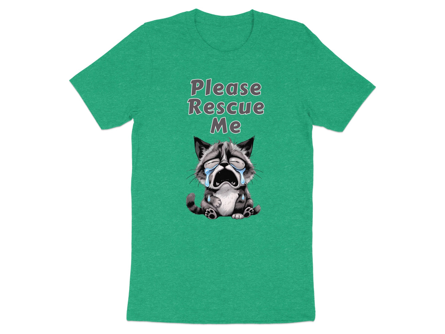 Green t-shirt with cartoon cat graphic and text "Please Rescue Me".