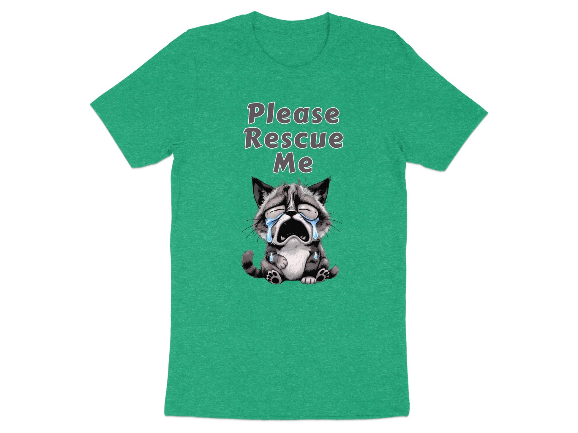 Green t-shirt with cartoon cat graphic and text "Please Rescue Me".