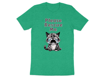 Green t-shirt with cartoon cat graphic and text "Please Rescue Me".