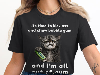 Black t-shirt with a grumpy cat holding Doublemint gum and text.