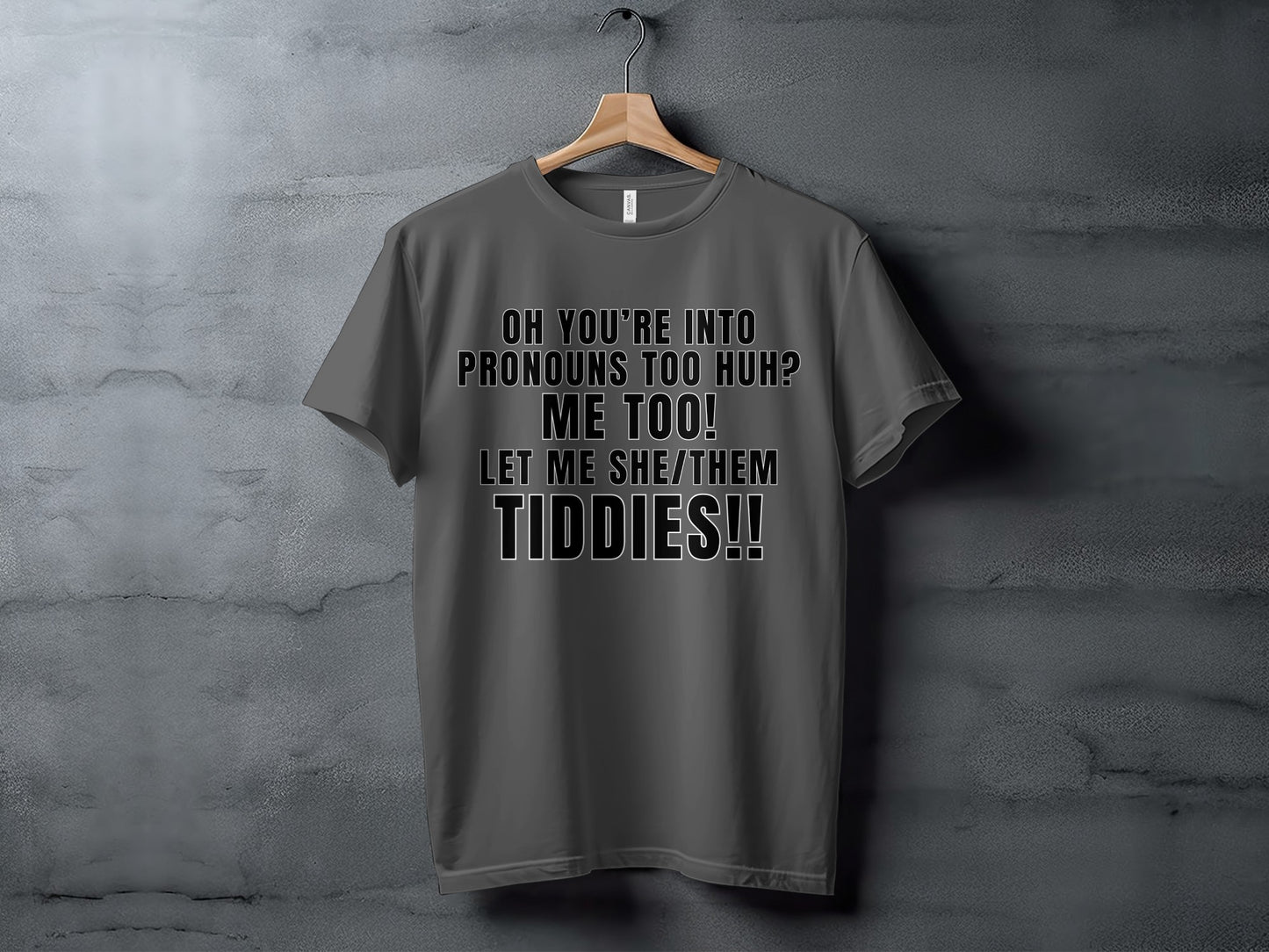 Grey t-shirt with text "Oh you're into pronouns too huh? Me too! Let me she/them tiddies!!"
