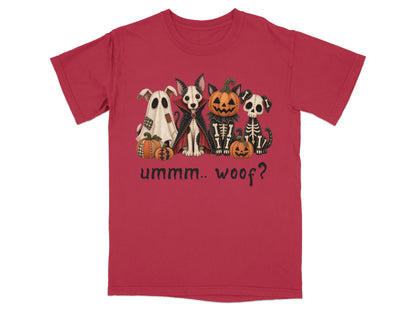 Halloween dogs as a ghost, vampire, skeleton, and in costume with pumpkins.