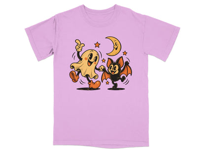 Ghost and bat dancing with moon and stars graphic on light purple t-shirt.