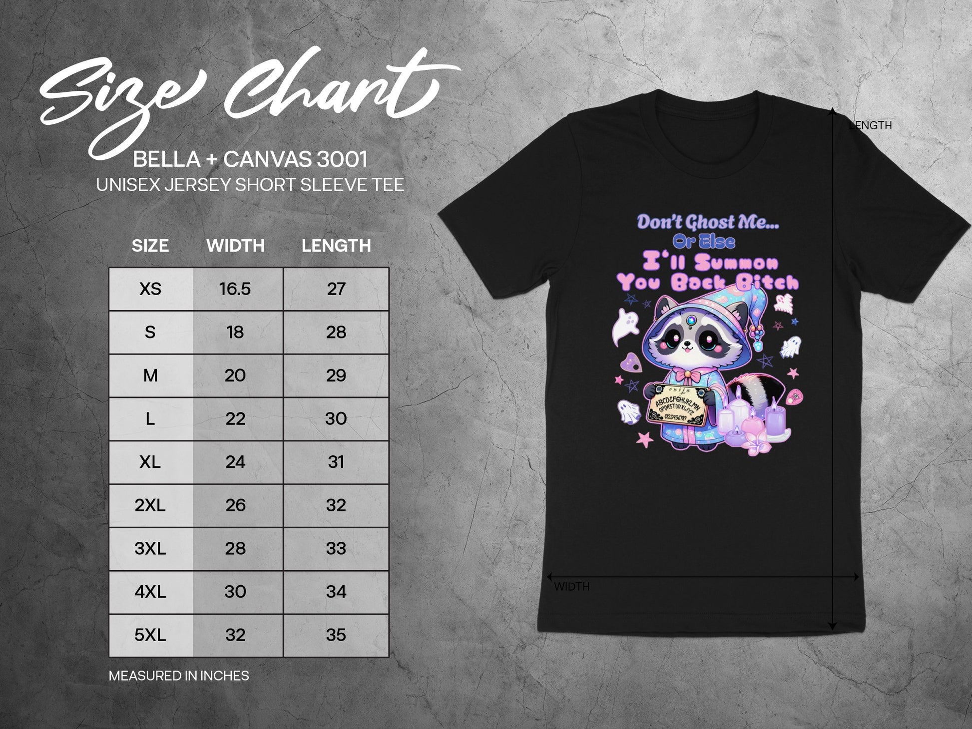 Size chart for Bella + Canvas 3001 unisex jersey tee with raccoon graphic.